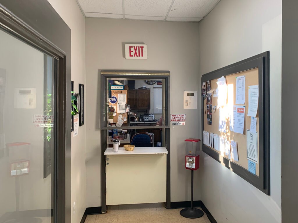 Concession counter and community bulletin board inside the 13th Street Clubhouse