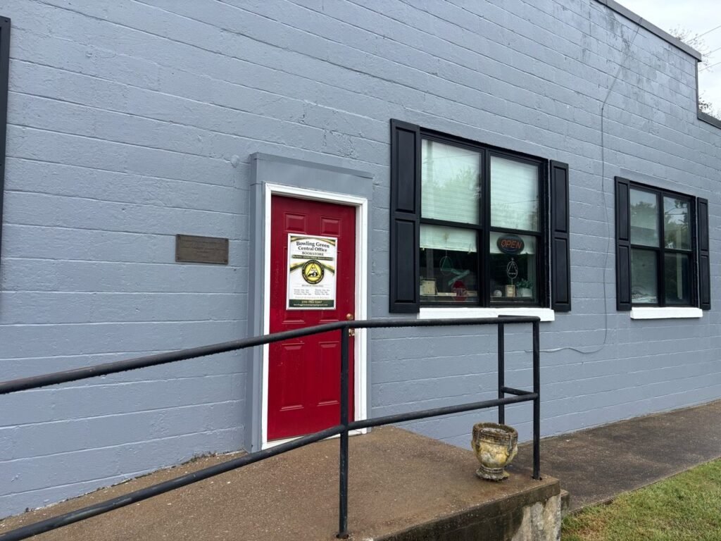 Red door and accessible ramp at the Bowling Green Central Office entrance