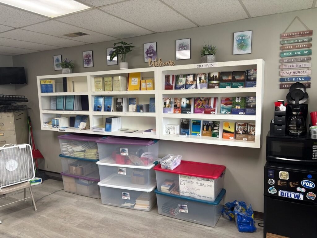 Shelves of AA Conference-approved books, literature, and pamphlets
